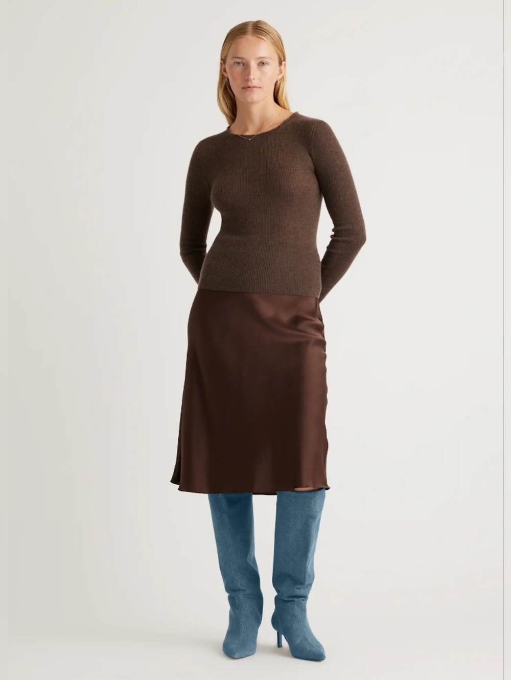 Quince Brown Silk Midi Skirt